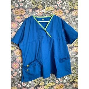 Blue Scrub Top 2X V Neck Short Sleeve Pockets Made in Madagascar